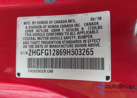 2009 Honda Civic Ex из США, поврежденный, VIN 2HGFG12869H503265